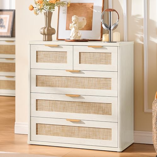 Image of LEYAOYAO Rattan Dresser Set 2 for Bedroom, 33.5 inch Small Chest of Drawers | Gold Metal Handle, Modern 5 Drawers Boho Dressers with Storage for Living Room, Hallway