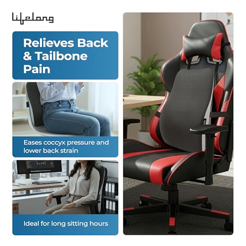 Image of Lifelong Back Support Cushion for Office Chair & Car | Ergonomic Memory Foam Design for Better Posture, Reduced Fatigue, and Comfortable Sitting During Work or Travel