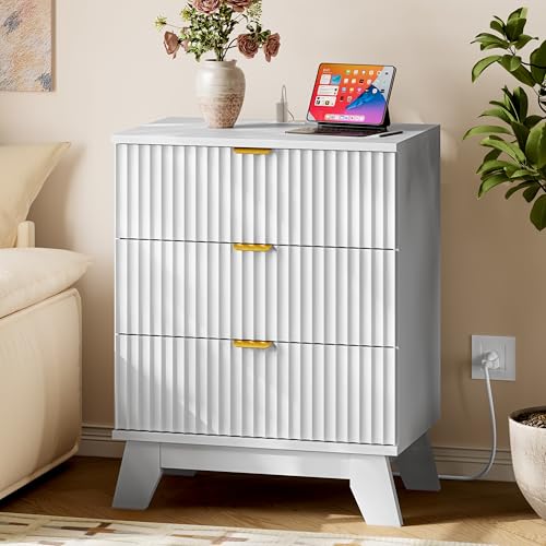 Image of BORNOON 30.5 inch Nightstand with Charging Station, 3-Drawer Fluted Bedroom Chest, Wood Bedside Dresser with Power Outlets and USB Ports, Metal Slides, Stable Base, Modern Storage Cabinet for Small Spaces