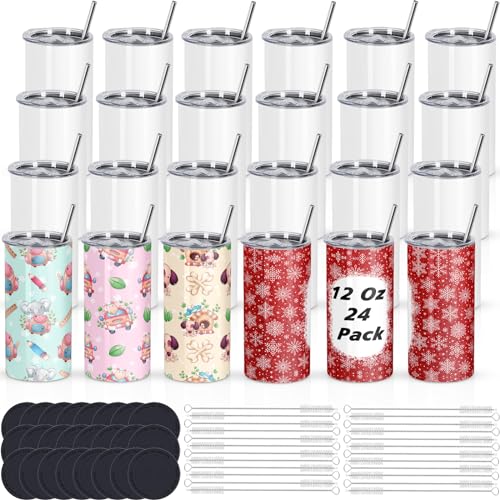 Draheri 12 Oz Sublimation Tumblers Blanks Bulk Sublimation Cups for Kid with Straw and Brush Stainless Steel Double Wall Insulated Mugs Individually Boxed (24 Pack)