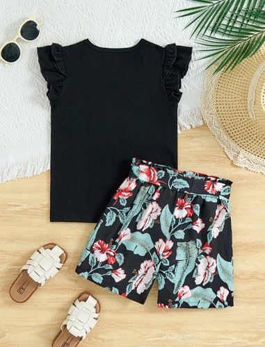 Image of Girls Shorts Sets 2 Pieces Summer Outfits Ruffle Sleeve T-Shirts and Shorts with Pockets Cute Clothes Sets
