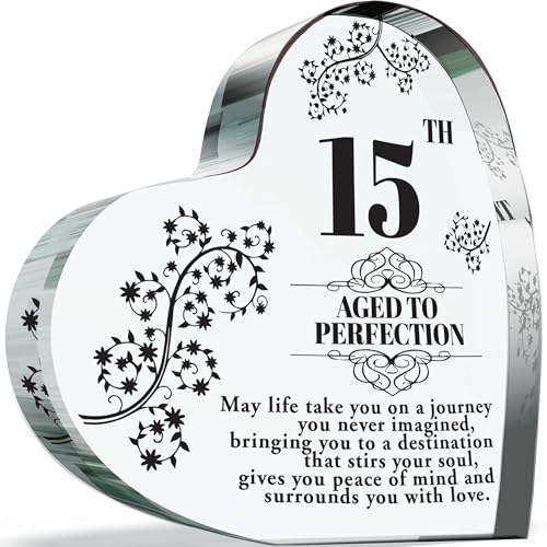 Targa per il 15° compleanno, regalo per ragazze e ragazzi, con scritta "Aged to Perfection", in acrilico, a forma di cuore, idea regalo per 15 anni, 100 mm x 100 mm, regalo per amici e familiari