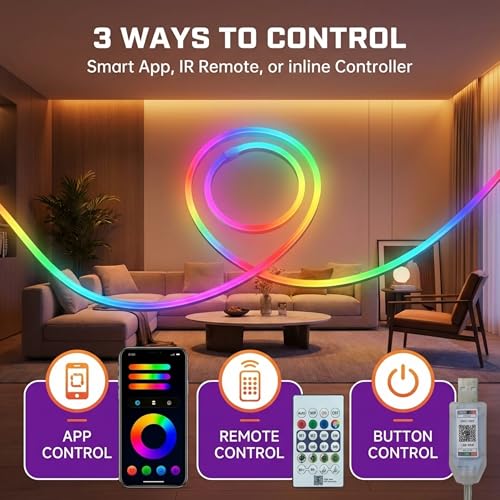Image of 5M Smart RGB Neon LED Strip Light - App & Remote Control, Music Sync Rope Light with 16M Colors, RGB IC LED Strip for Room, Gaming Setup, TV Backlight, Party & Home Decor