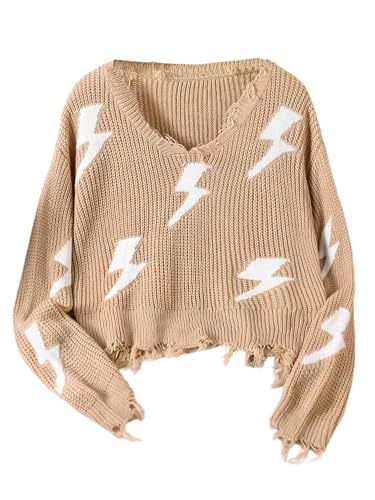 Verdusa Girl's Graphic Ripped Pullover Sweaters Drop Shoulder Knit Tops Fall Clothes