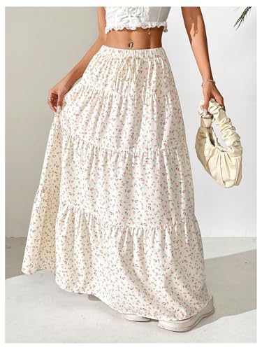 Floerns Women's Summer Holiday Maxi Floral Skirt Elastic Waist Tie Front Vacation Tiered Long Skirts3