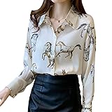 Women's Vintage Horse Print Long Sleeve Button Down Shirts DD637 (M, Beige)