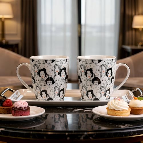 Image of U.P.C.Milk Mug Set of 2 | Ceramic & Bone China Coffee Milk Cups | Designer Printed Tea Coffee Mug Set | Large Capacity Milk Mugs | Microwave Safe Cup Set | Drinkware Gift Set (Women Face Print)