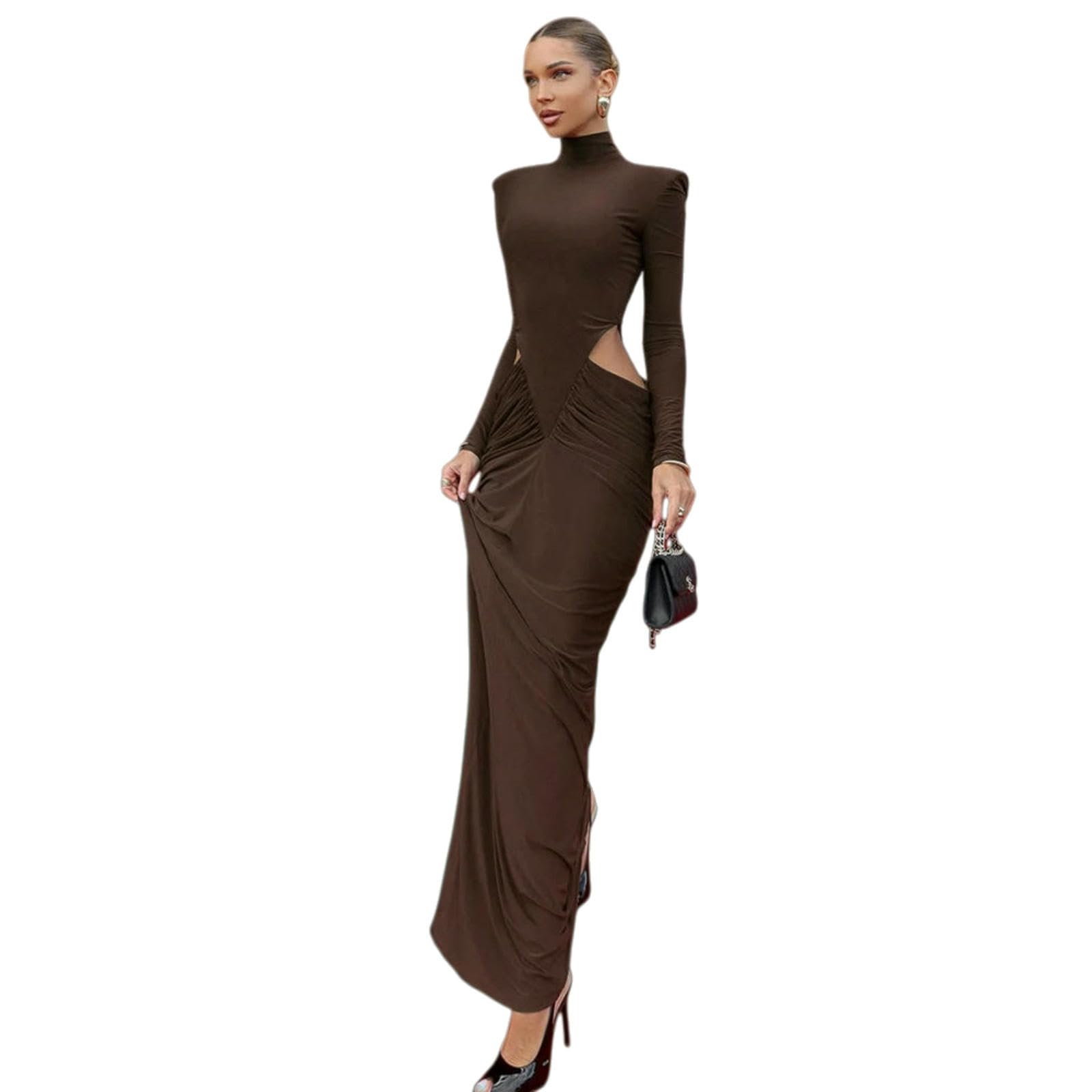 Vestito Brown Cutout Bodycon Maxi Abito per Le Donne - Manica Lunga Ruched Spalla Pad da Sera Festa-Brown-s