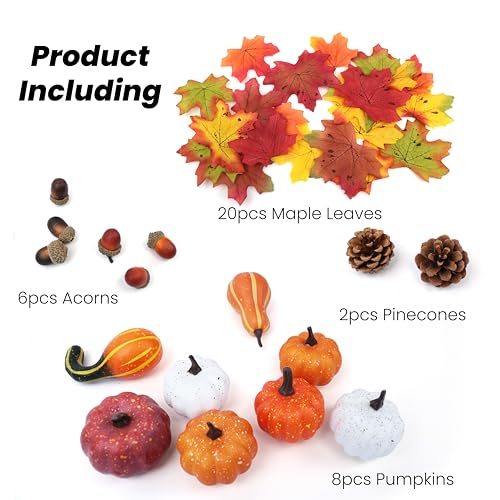 Image of 36PCS Mini Artificial Pumpkins Fall Decor Set - Realistic Small Fake Pumpkins for Decorating with Gourd Fall Leaves Acorns Pinecones for Autumn Table Centerpiece, Thanksgiving Harvest Home Decorations