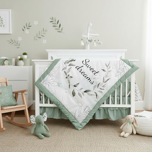 Image of HNHUAMING Green Leaf Crib Bedding Set, 4-Piece Baby Boy Bedding Set, Neutral Nursery Bedding Set, Fitted Crib Sheet, Crib Skirt, Baby Quilt, and Diaper Stacker, Sage