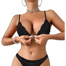 Lace Triangle Bralette with Front Closure Unlined Wireless Bra Adjustable Thin Straps & Unlined Comfort
