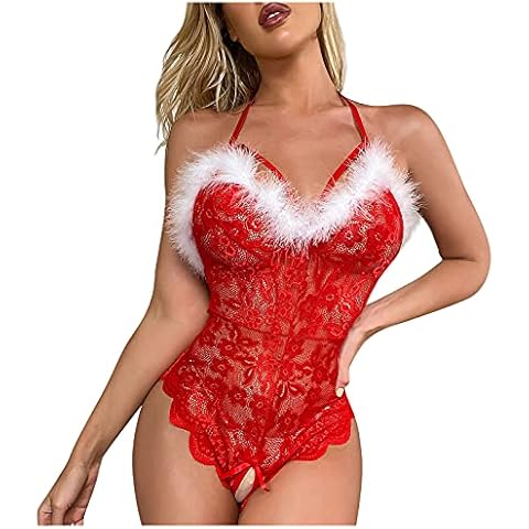Women Christmas Lingerie Set Sexy Bowknot Lace Plush Underwear V Neck Sleepwear Babydoll G-string Two Piece Santa Bra and Panty Chemise Halter Exotic Nightwear Dress for Women Cover