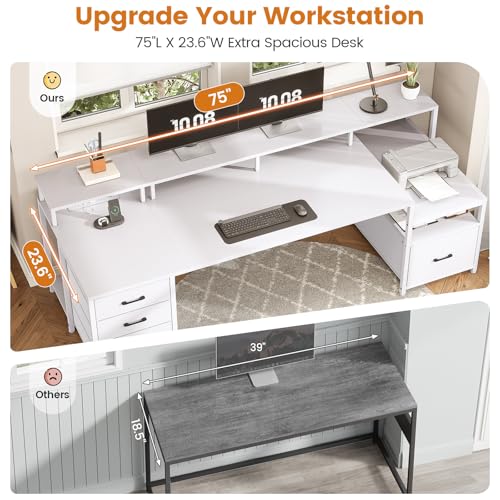 Image of SEDETA White Computer Desk with 5 Drawer & Power Outlet, 75'' Home Office Desk with File Drawer, Storage Shelves, Printer Cabinet and Monitor Shelf, Gaming Desk with Led Lights, 23.6 inch W Desktop