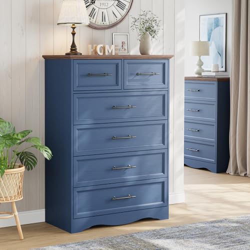 Blue Dresser for Bedroom, Modern 6 Chest of Drawers, 44" Tall Chest of Drawers w/Brushed Metal Handle, Wood Closet Organizers and Storage Cabinet for Bedroom, Living Room, Hallway Blue Dresser for Bedroom, Modern 6 Chest of Drawers, 44" Tall Chest of Drawers w/Brushed Metal Handle, Wood Closet Organizers and Storage Cabinet for Bedroom, Living Room, Hallway