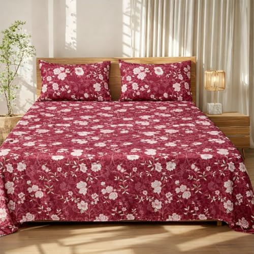 Image of Dream Living Printed Floral Double Bedsheet with 2 Pillow Covers | 120 GSM | 220x240 Cm | Maroon