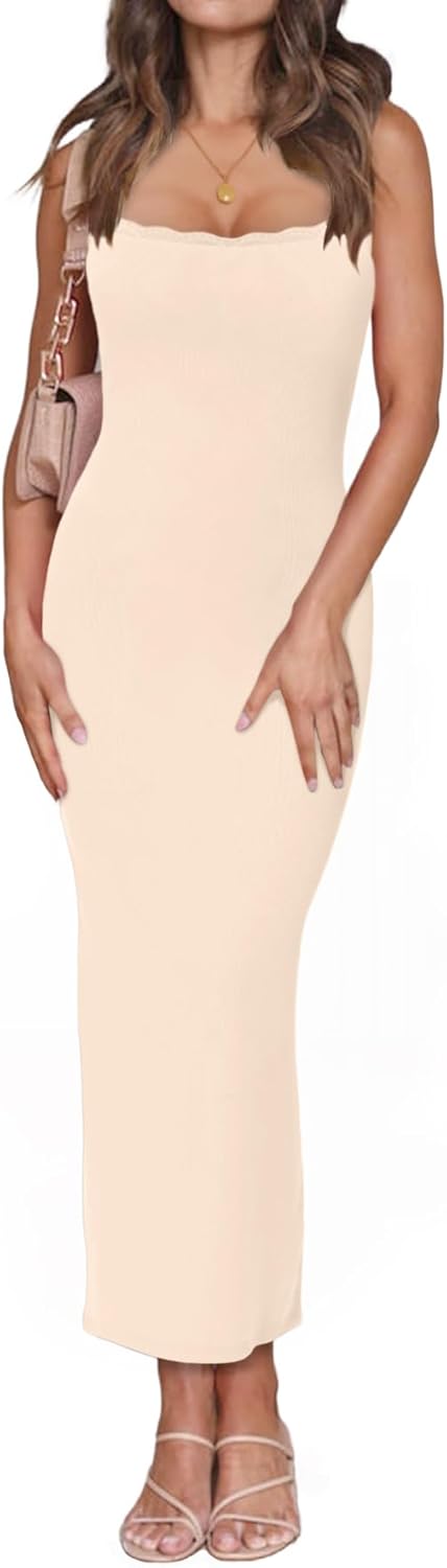 Women's Square Neck with Lace Trim Sleeveless Long Maxi Dress Lounge Ribbed Bodycon Elegant Dresses - Image 2