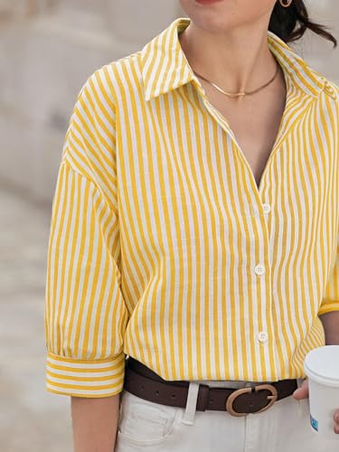 Image of IndoPrimo Women's Classic Fit Striped Print Poly Cotton Shirt with 3 /4 Sleeve Mandarin Neck Standard Length and Button Down Closure Type