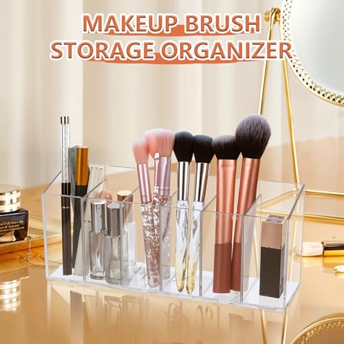 Image of 3 Pcs Clear Pen Holder Tea Bag Makeup Brush Holder, 6 Compartments Organizer with Removable Dividers for Desk Storage Office Accessory Bathroom Kitchen Desktop Pencil Cup Stationery Organization