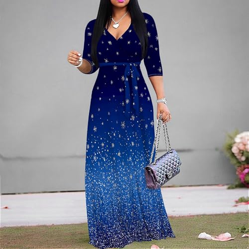 Image of Women's V Neck Floral Maxi Dress 3 /4 Sleeve Plus Size Boho Wrap Flowy Long Dresses with Belt