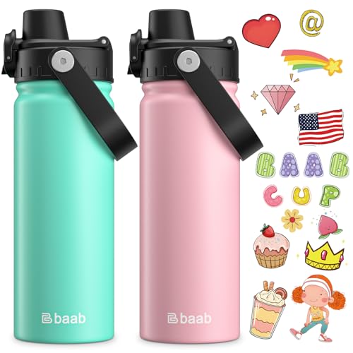 Image of baab 18oz Kids Insulated Water Bottle 18 /8 Stainless Steel Kids Cup 2 Pack | BPA-Free, DIY Stickers, Lockable Spout Lid, Leakproof & Spillproof, Easy to Clean & Carry, Gift for Boy Girl Youth School