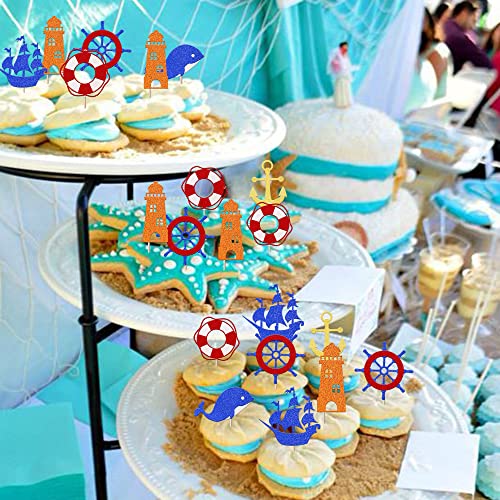 24 Pack Nautical Cupcake Toppers Glitter Anchor Rudder Cupcake Picks Ocean Sailling Whale Theme Baby Shower Kids Birthday Cake Decorations Supplies Colorful #TOP4