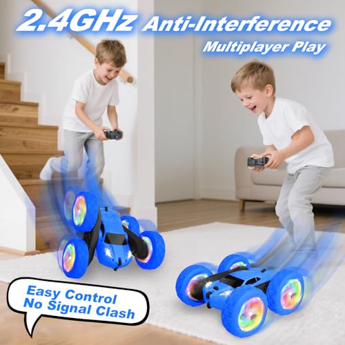 Image of Remote Control Car, Outdoor Toys RC Cars for Kids Ages 6-12, 4WD Double Sided Stunt Vehicle with Upgraded USB-C Modular Batteries, 5 6 7 8 9 10+ Year Old Boy Birthday Blue