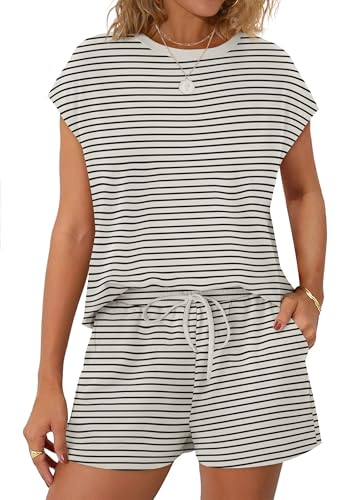 Image of WIHOLL Two Piece Sets for Women Summer Crew Neck Lounge Short Sets Cap Sleeve Drawstring Sweatsuit with Pocket