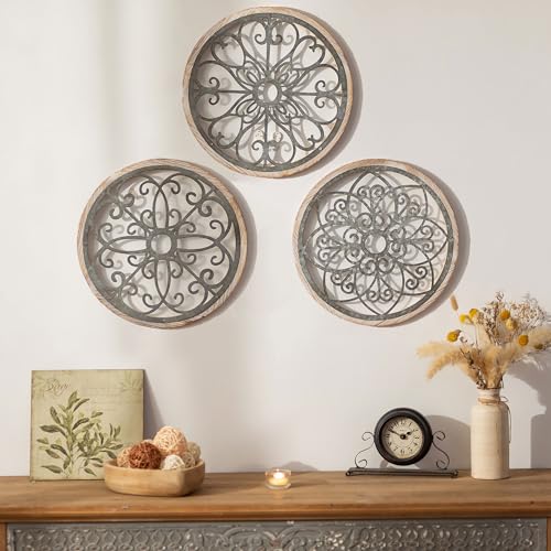 Walasis Wall Decor Rustic Farmhouse Wood - Distressed Metal Wall Art for Living Room 11.8in Flower Boho Wall Decorations Outdoor Medallion Hanging Decor for Bedroom Office Bathroom Kitchen