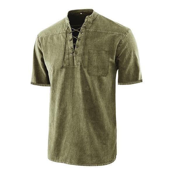 RUMAOZIA Chemise médiévale pour homme - Tunique gothique rétro à manches courtes - Col en V - Confortable - Col montant - Pull avec lacets - Coton - Lace...