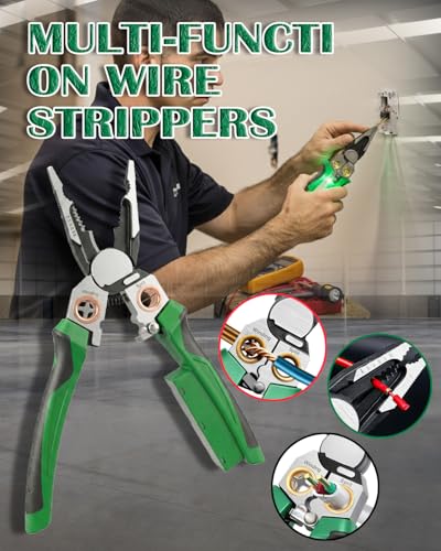 Image of Chicat 8-in-1 Wire Stripper with Voltage Tester,Multi-function Electric Pliers,Professional Wire Cutter & 12V-250V AC /DC Neutral Tester,Electrician Tools & DIY Tool (Green)