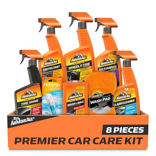 Armor All Premium Car Care Kit, Includes Extreme Tire Shine, Protectant, Multi-Purpose Cleaner, Car Wax & Wash Kit, Glass Cleaner, Car Air Freshener, Tire & Wheel Cleaner and Wash Pad, 8 Count