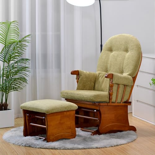 Image of Wooden Base Rocking Chair, Silent Rocking Motion, Feeding Chair, Nursing Rocker with Footstool, Sturdy and Easy to Assemble, Khaki (Khaki)