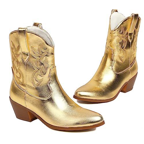 KISSASA Metallic Cowboy Boots Shiny Short Cowgirl Boots Embroidered Western Stacked Chunky Heel Ankle Boots4