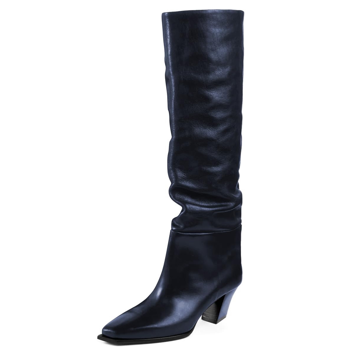 FSJ Women Slouchy Knee High Boots Closed Toe Chunky Low Heel Pull on Wide Calf Long Boot Winter