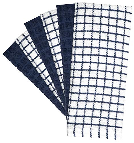 Kitchen Towels 16"X 28" | Dish Towels | Kitchen Hand Towels | Large Dishcloths Set | Highly Absorbent Tea Towel, Soft With Hanging Loop | Natural Ring Spun Cotton, 380 Gsm | Navy Check Design - 6 Pack #TOP1