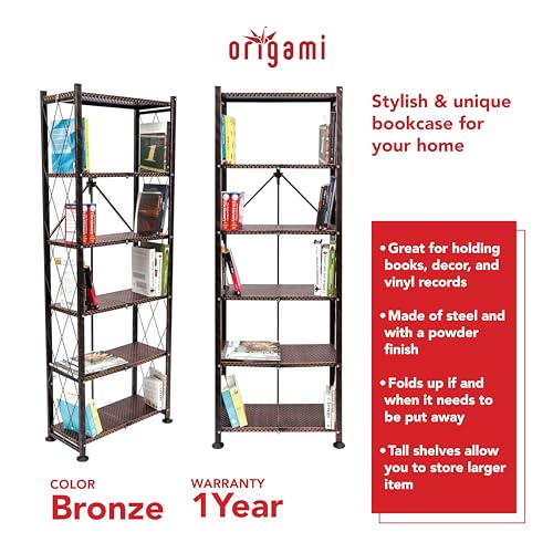 Image of Origami 6 Tier Classic Stamped Steel Bookcase Shelf Organizer Rack with 6 Storage Shelves for Decor, Vinyl Records, and Books, Bronze