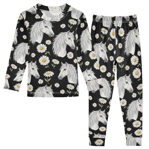 Pajama Sets Long Sleeve Horses and Daisy on Black Soft Comfy Sleepwear 2 Piece PJS 3-8T