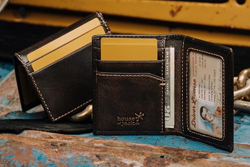 Image of House of Jack Co. Deer Men's Slim Card Wallet, Minimalist Front Pocket Bifold Card Holder, Full Grain Leather, 6 Card Slots with ID Window, Embossed Deer, Hunter Gift for Men, Black