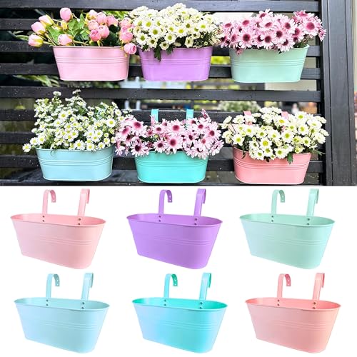 LaLaGreen Outdoor Hanging Planter (11.2 Inch, 6 Pack) Light Pink, Light Purple, Turquoise, Light Blue, Peachy Pink, Cadet Blue Metal Iron Window Flower Pot Deck Railing Balcony Fence Rail Garden Decor