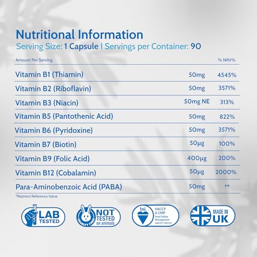 Health4All Vitamin B Complex B-50 90 Capsules, 3 Months Supply, High Potency Vegan B-Complex with PABA | Support Cognitive Functions, Energy, Tiredness & Fatigue | Made in UK (not Tablets) - Image 5