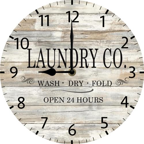 Vdenvileye Laundry Room Wall Clock, Loads Of Fun, Chic Style Wood Wall Decor for Laundry Bathroom Washroom, 25x25 CM Farmhouse Wooden Clock, Silent Battery Operated Non Ticking Easy to Read
