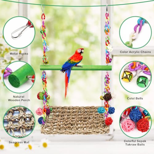 Image of Bird Swing Mat with Wood Perch, AHIER Seagrass Bird Hammock for Conures with Chewing Toy for Parakeets, Budgie, Cockatiel Cage Accessories (Green Pole)