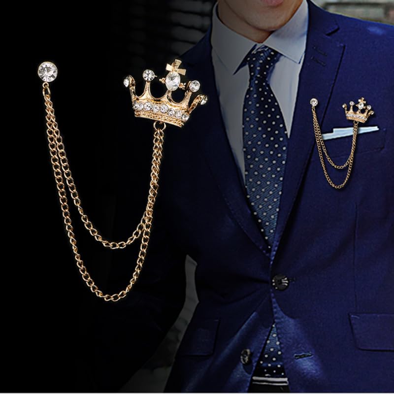 Image of coadipress Crown With Hanging Chain Brooch for Women Men Elegant Gentlemen Gold Silver Crystal Crown Lapel Pin Vintage Rhinestone Wedding Brooch Suit Shirt Pin Accessories