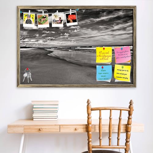 Image of ArtzFolio Sea, Air, & Land Monochrome Contrast | Bulletin Board Notice Pin Board | Vision Soft Board Combo with Thumb Push Pins & Sticky Notes | Antique Golden Frame | 23.5 x 16 inch (60 x 41 cms)