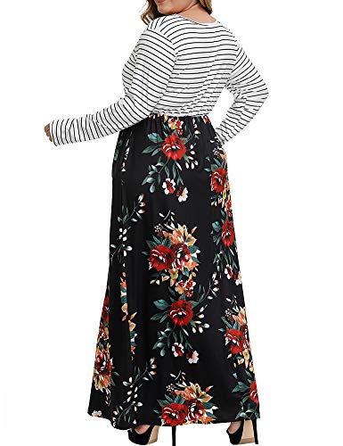 Allegrace Women Plus Size Casual Dress Floral Print Long Dresses Striped Pockets Long Sleeve Maxi Dress P73 Red Flowers Black 4X