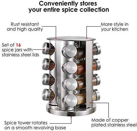 Spice Rack,16-Jar Revolving Countertop Spice Tower,Stainless Steel Spice Organizer,Seasoning Storage Organization with 16 Empty Glass Spice Jars, Spice Storage Organiser for Kitchen