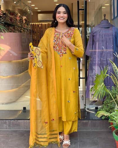 Image of ANNI Designer Women's Rayon Viscose Embroidered Straight Kurta with Pant & Dupatta