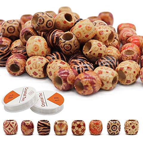 150Pcs Printed Wooden Beads with 2 Rolls Clear Stretch Thread,Mixed Pattern Round Wood Ball Beads,for DIY Bracelet Anklet Crafts Jewelry Hair Decoration Cover