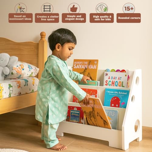 Image of Premium Wooden Montessori Bookshelf for Toddlers & Kids | Splinter-Free | Wooden Toy & Book Organizer for Nursery & Study Room | Eco-Friendly & Durable Gift Handmade (White)