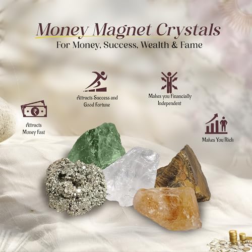 Image of Money Magnet Raw Crystals - Original Certified Pyrite Stone, Citrine, Green Aventurine Stone, Tiger Eye, Clear Quartz Money Attraction Stone Crystals for Fame, Money, Financial Abundance, & Success